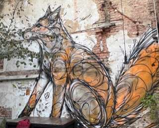 Animal that looks like a fox or a wolf with strong circles forming the street art